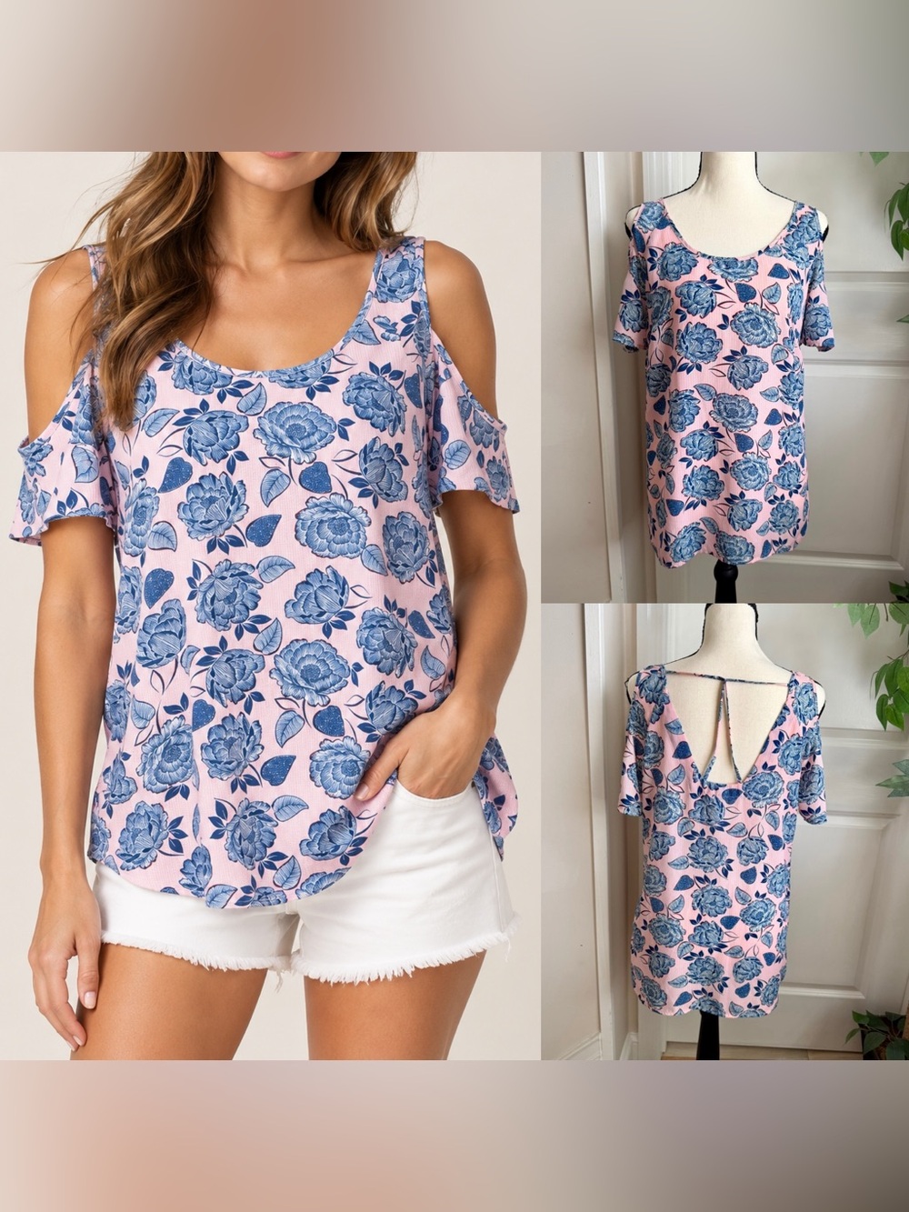 KUT from the Kloth Adriana Floral Cold Shoulder Top Pink Sz S